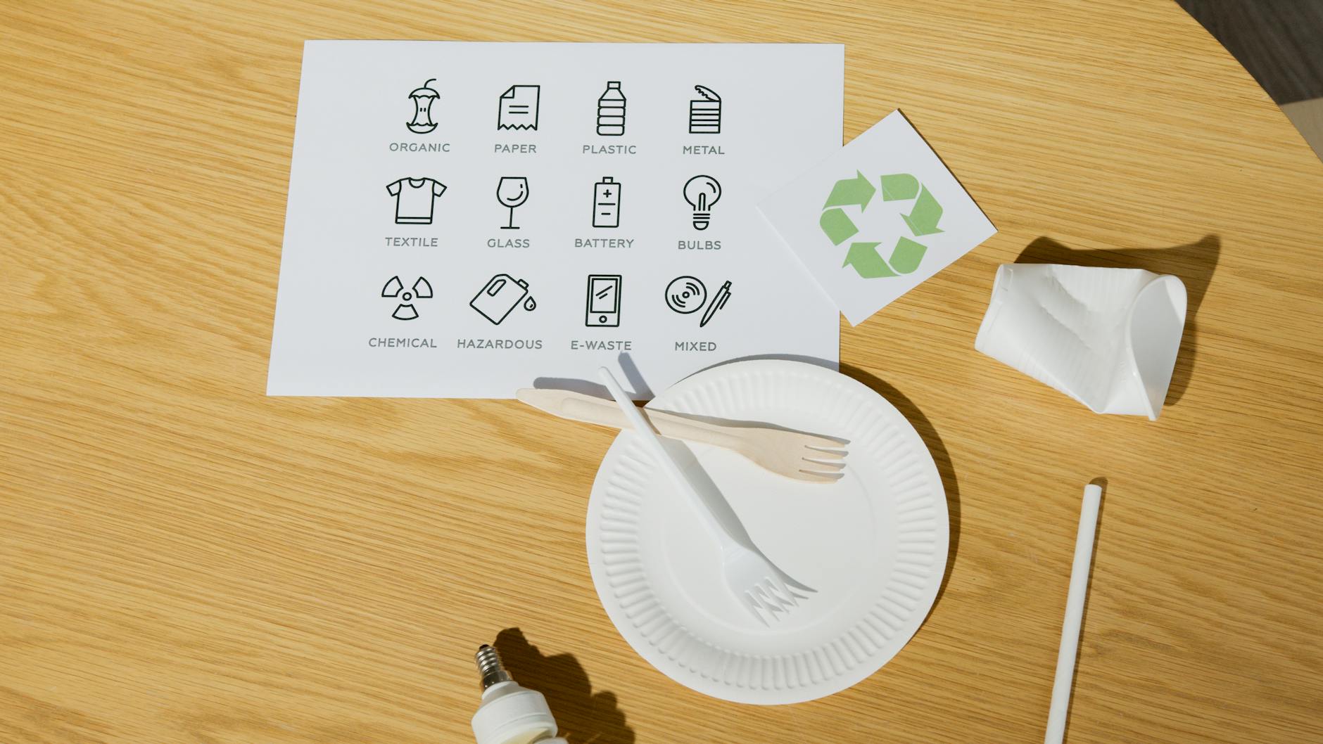 paper forks on paper plate near card with recycling pictographs
